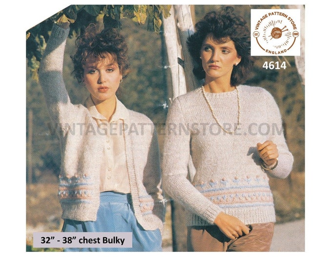 Ladies Womens 80s vintage round neck ridge cable and bobble raglan sweater & V neck cardigan pdf knitting pattern 32" to 38" Download 4689