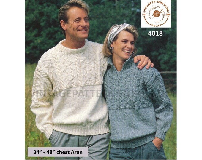 Ladies Womens Mens 90s split funnel or crew neck cable yoke drop shoulder aran sweater jumper pdf knitting pattern 34" to 48" Download 4018