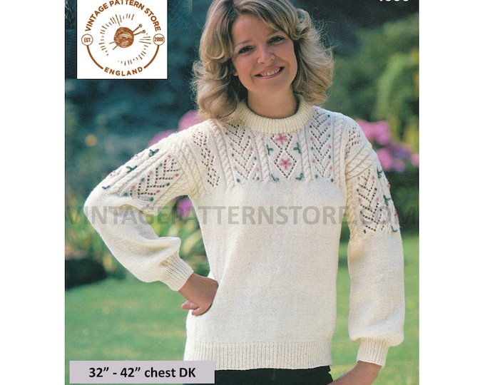 Womens 80s DK cabled cable and eyelet lace lacy yoke yoked crew neck raglan sweater jumper pdf knitting pattern 32" to 42" Download 4606