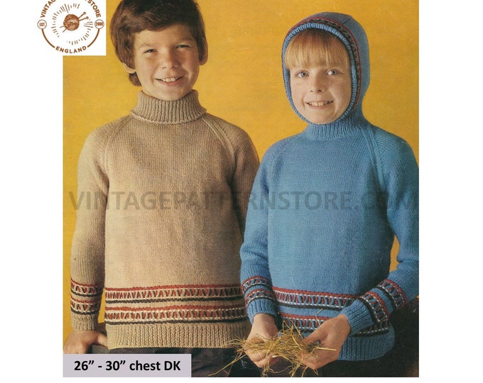 Boys Girls 70s vintage DK swiss embroidered polo neck raglan sweater & hoodie jacket pdf knitting pattern 26" to 30" chest PDF Download 4256