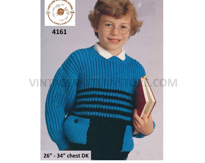 Boys 90s round neck drop shoulder striped ribbed fishermans rib DK dolman sweater jumper pdf knitting pattern 26" to 34" PDF Download 4161