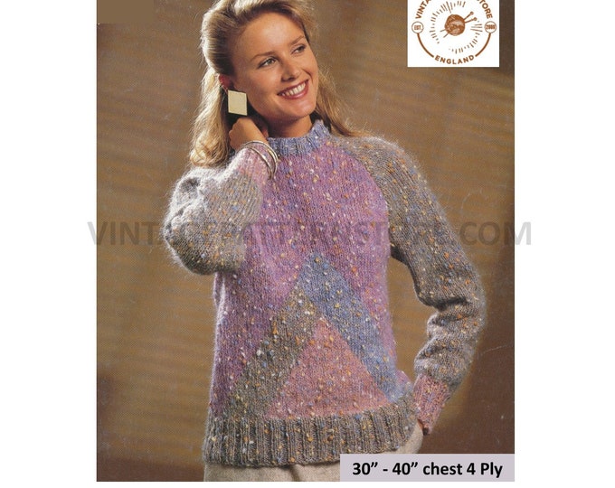 Ladies Womens 90s 4 ply crew neck geometric colour blocked raglan sweater jumper pdf knitting pattern 30" to 40" PDF download 4005
