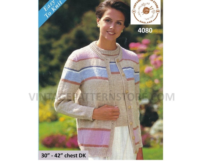Ladies Womens 90s easy to knit striped DK raglan sweater jumper and cardigan twin set pdf knitting pattern 30" to 42" chest download 4080