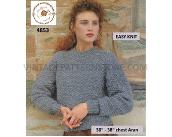 90s Vintage Aran Sweater Knitting Pattern, Drop Shoulder Raglan (PDF Download) 30"-38" Chest