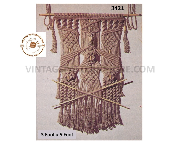 70s vintage African Macrame wall hanging pattern 3 x 5 feet instant PDF download 3421