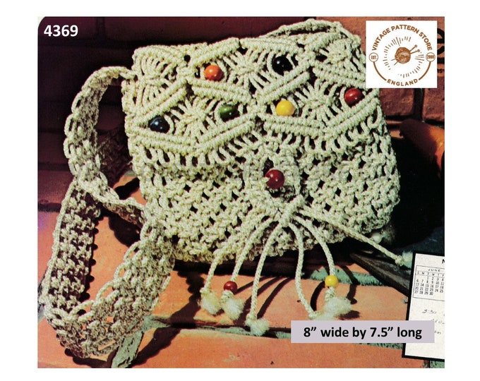 70s vintage boho bohemian beaded macrame shoulder bag purse pdf macrame pattern 8" by 7.5" Instant PDF Download 4369