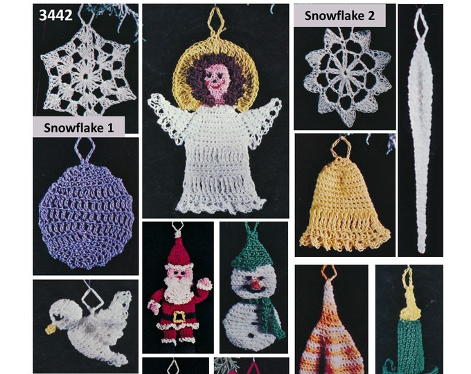 70s vintage Christmas snowflake angel dove Santa Claus icicle bauble tree ornament decoration pdf crochet pattern Instant PDF Download 3442