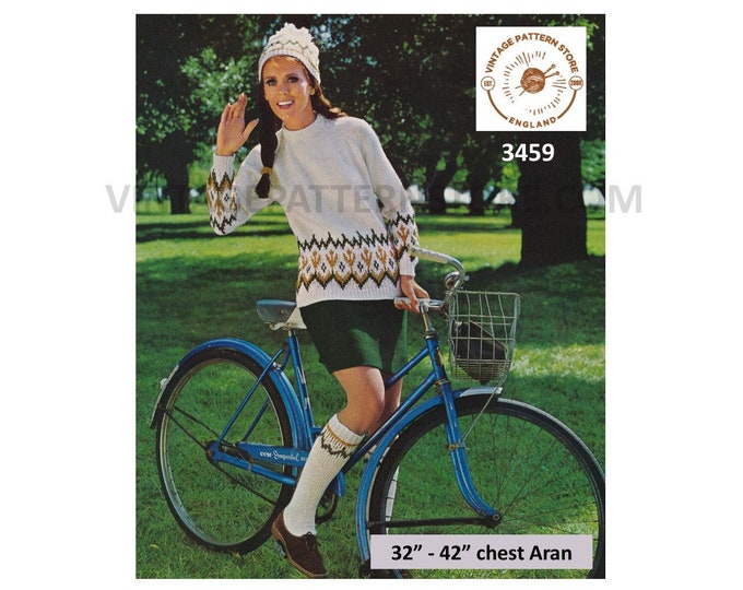 Ladies Womens 60s vintage fair isle banded aran raglan sweater jumper & toque hat socks pdf knitting pattern 32" to 42" PDF Download 3459