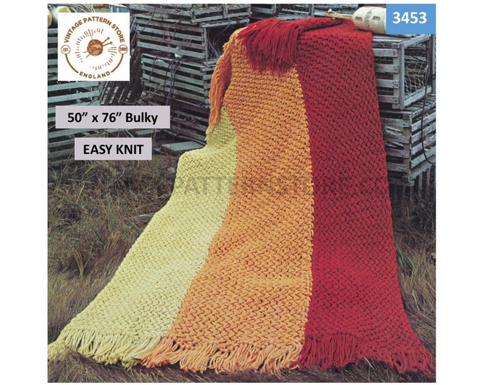 70s vintage bulky easy to knit striped fringed afghan throw pdf knitting pattern 50" by 76" Instant PDF Download 3453