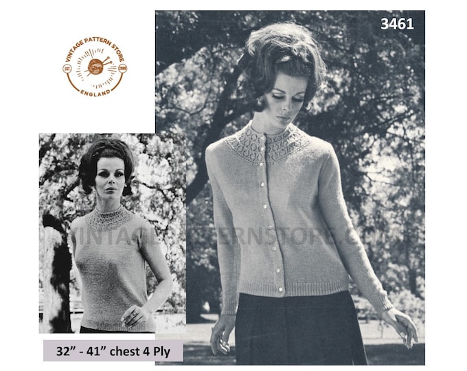 Ladies Womens 60s vintage 4 ply lacy yoke yoked slipover sweater vest raglan cardigan twin set pdf knitting pattern 32" to 41" Download 3461