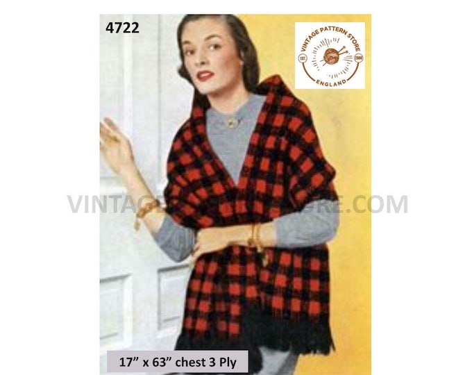 Ladies Womens 50s vintage 3 ply traditional Scottish tartan fair isle shawl stole pdf knitting pattern 17" by 63" chest Download 4722