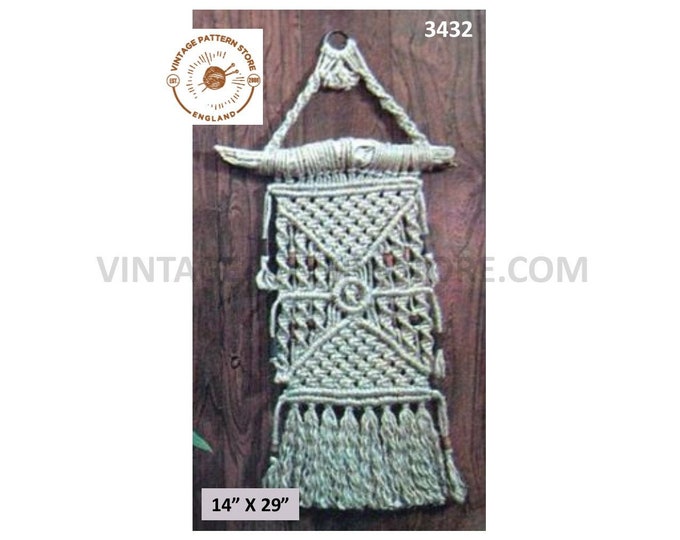 70s vintage small beginners macrame wall hanging pdf macrame pattern 14" by 29" Instant PDF download 3432