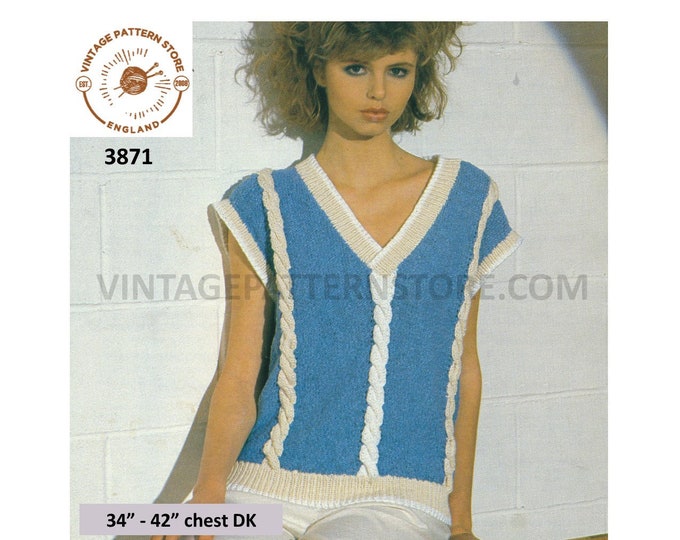 Ladies Womens 80s vintage V neck cap sleeve cable twist cabled Summer slipover sweater vest pdf knitting pattern 34" to 42" Download 3871