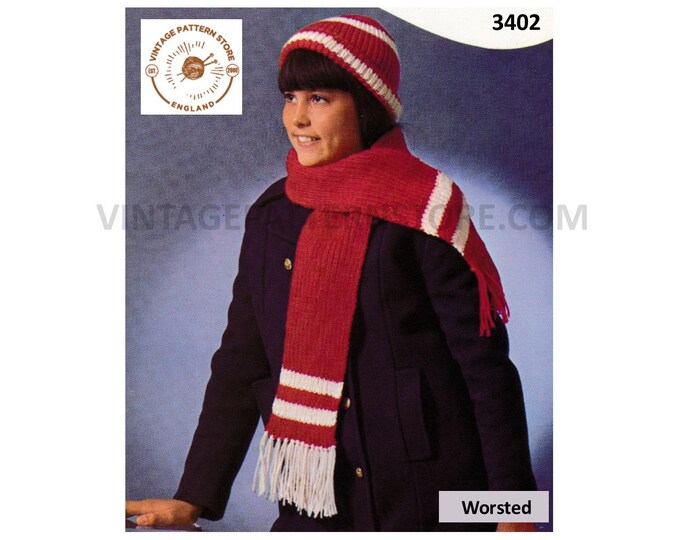 Ladies Girls 60s vintage easy to knit worsted pea cap hat toque and fringed striped scarf pdf knitting pattern Instant PDF Download 3402
