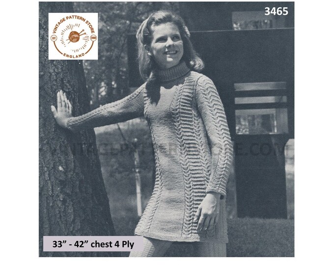 Ladies Womens 60s vintage 4 ply or aran polo neck cable cabled long sleeve sweater dress pdf knitting pattern 33" to 42" PDF download 3465