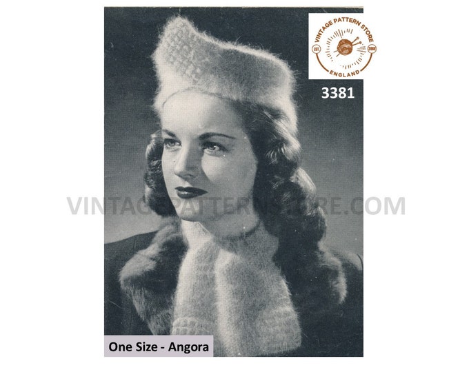 Ladies Womens 40s vintage angora tiara hat and scarf pdf knitting pattern Adult Size Instant PDF Download 3381