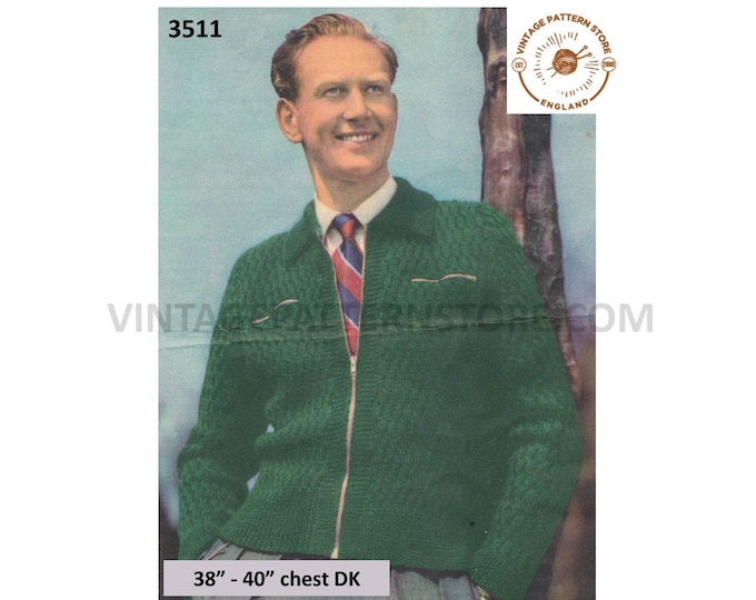 Mens Mans 50s vintage DK round neck zipped zip up textured raglan jacket cardigan pdf knitting pattern 38" to 40" chest PDF download 3511