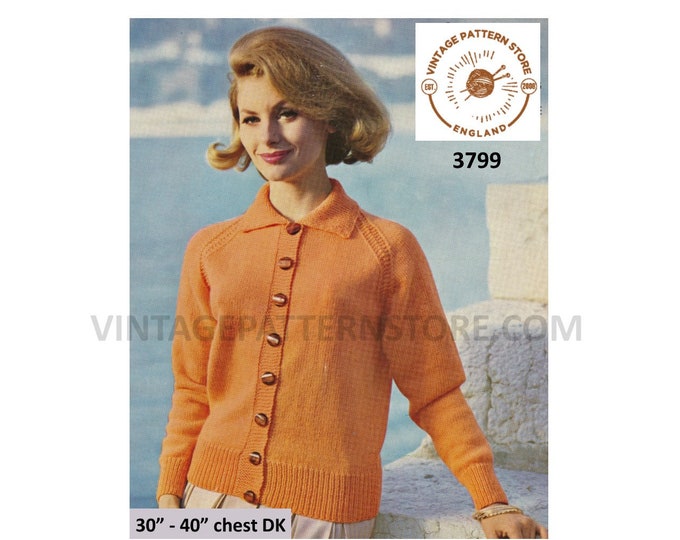 Ladies Womens 70s vintage easy to knit DK collared raglan cardigan jacket pdf knitting pattern 30" to 40" Instant PDF download 3799
