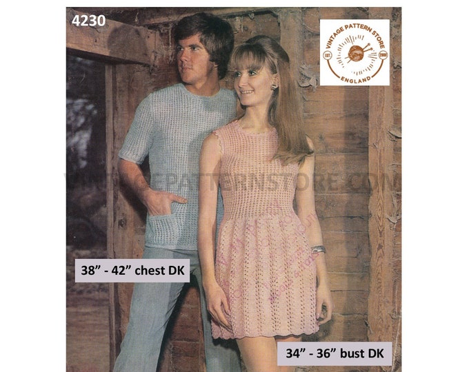 Ladies Womens 70s vintage lacy sleeveless picot dress & Mens Mans short sleeve sweater pdf knitting crochet pattern 34" to 42" Download 4230