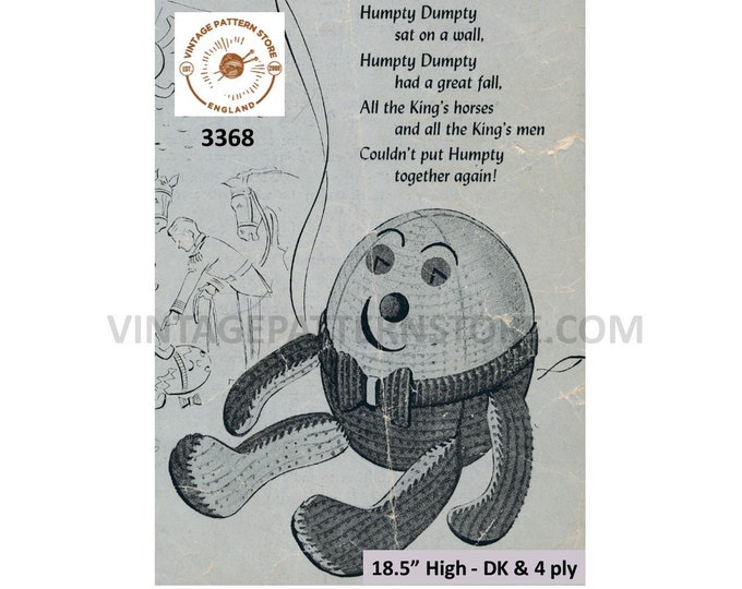 50s vintage DK and 4 ply cuddly toy Humpty Dumpty pdf knitting pattern 18.5" High Instant PDF download 3368