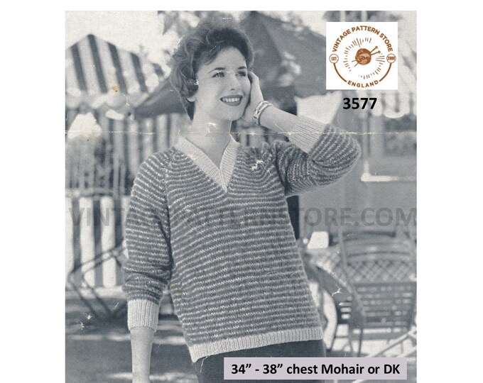 Ladies Womens 50s vintage V neck striped raglan DK sweater jumper pullover pdf knitting pattern 34" to 38" chest Instant PDF download 3577