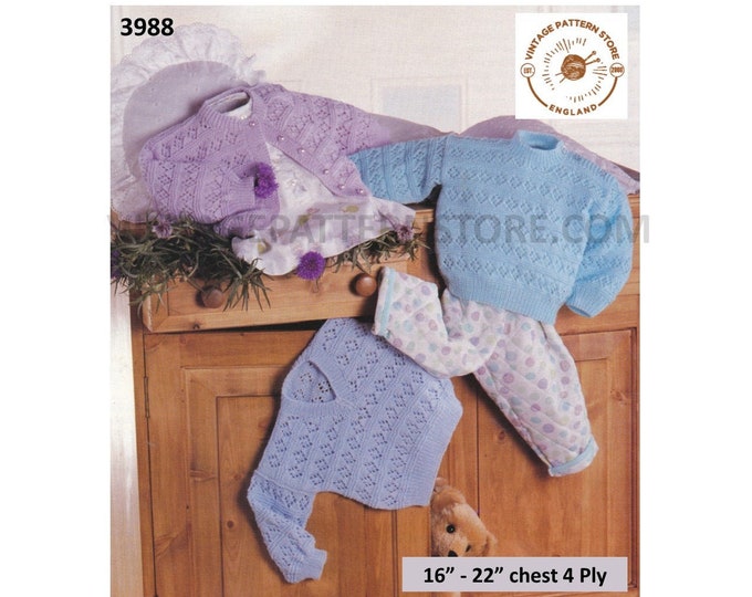 Baby Babies Toddlers 90s V round neck diamond eyelet lace lacy raglan sweater jumper cardigan pdf knitting pattern 16" to 22" Download 3988
