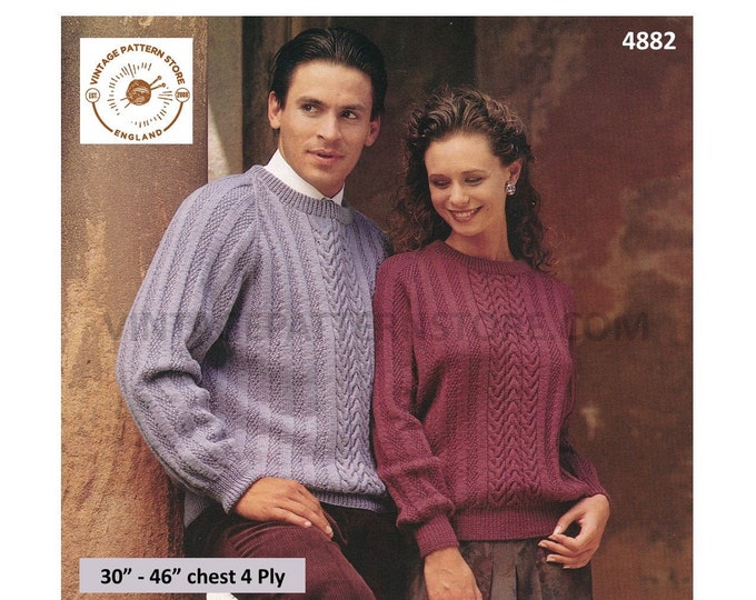 Mens Womens 90s 4 ply round neck texture stripe cabled cable panel raglan sweater jumper pdf knitting pattern 30" to 46" Download 4882