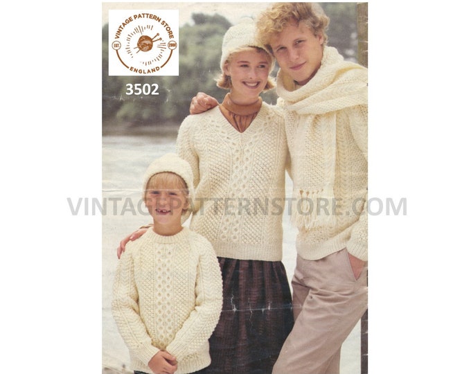 Womens Mens Boys Girls family V or round neck cable cabled raglan aran jumper hat & scarf pdf knitting pattern 22" to 44" Download 3502