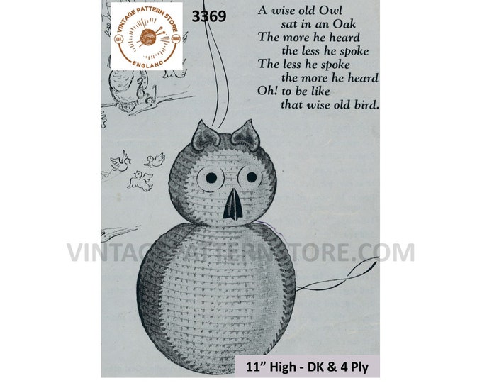 50s vintage DK & 4 ply cuddly toy owl pdf knitting pattern 11" High Instant PDF download 3369