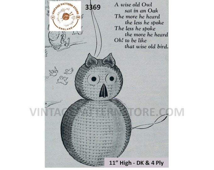 50s vintage DK & 4 ply cuddly toy owl pdf knitting pattern 11" High Instant PDF download 3369