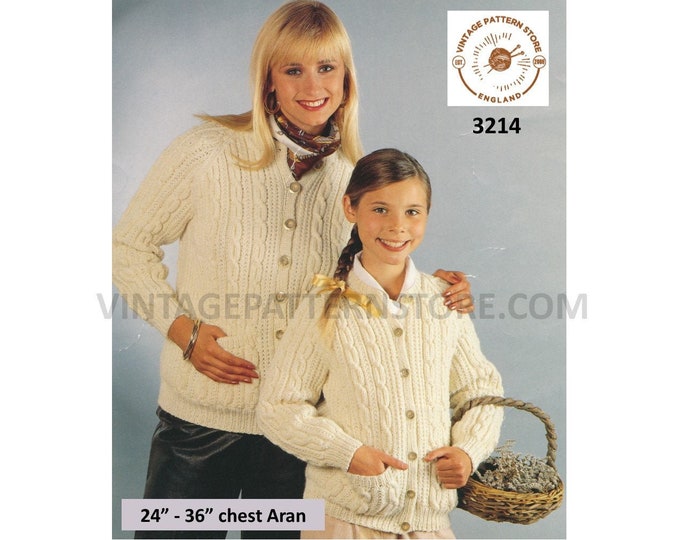 Ladies Womens Girls 90s round neck cable cabled raglan aran cardigan jacket pdf knitting pattern 24" to 36" chest Instant PDF download 3214