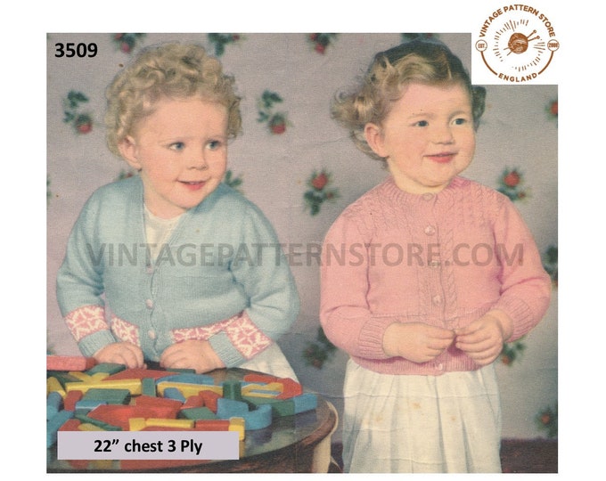 Toddlers Girls 50s vintage 3 ply cable yoke & fair isle banded yoked raglan cardigan pdf knitting pattern 22" chest Instant download 3509