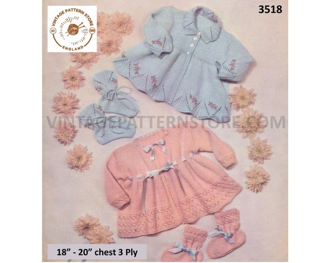 Baby Babies 50s vintage 3 ply round neck collared lacy matinee coat jacket & booties bootees pdf knitting pattern 18" to 20" Download 3518