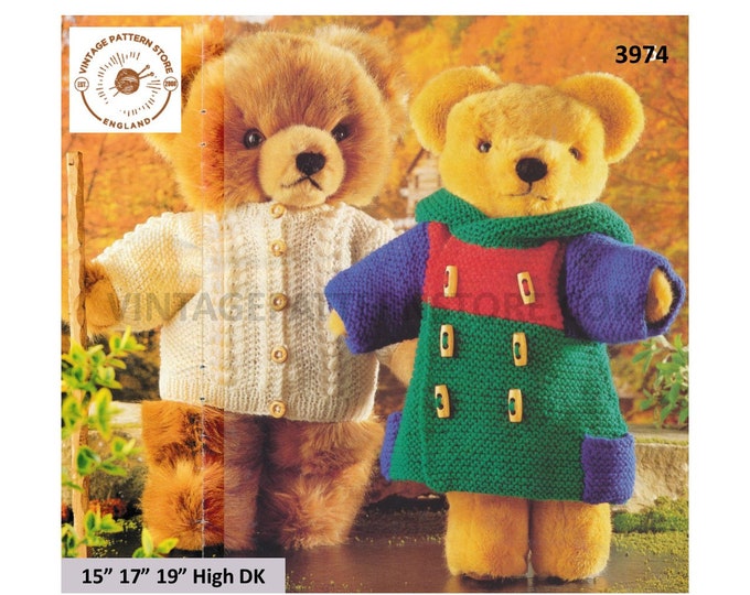 90s 15" 17" 19" high DK Teddy Bear dolls clothes duffle coat with hood and cable jacket pdf knitting pattern PDF download 3974