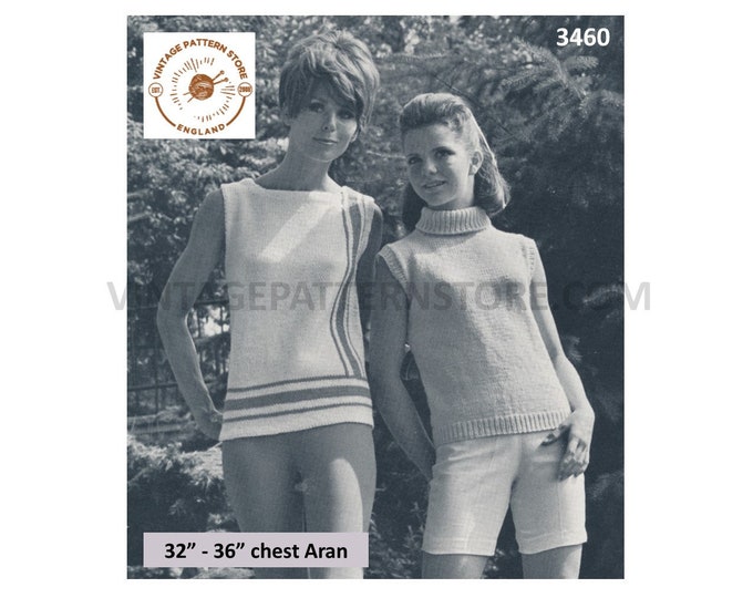 Ladies Womens 60s vintage round & polo neck aran slipover sweater vest Summer top pdf knitting pattern 33" to 42" Instant PDF download 3460