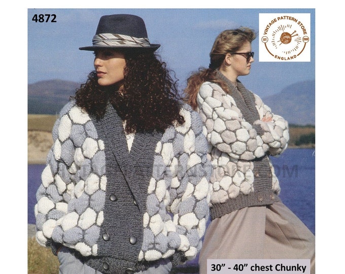 Womens 90s chunky knit multi coloured shawl collar drop shoulder crossover dolman jacket pdf knitting pattern 30" to 40" Download 4872