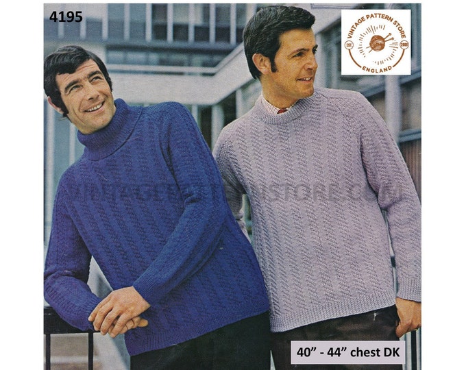 Mens Mans 60s vintage round or polo neck texture striped raglan DK sweater jumper pdf knitting pattern 40" to 44" Instant Download 4195
