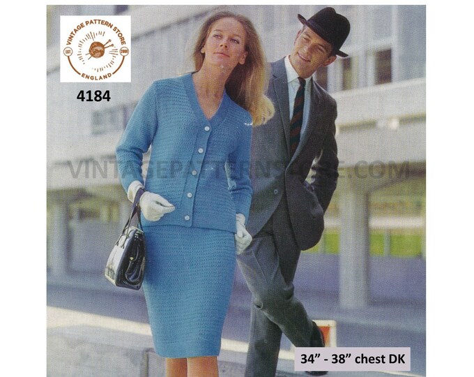 Ladies Womens 60s vintage DK V neck textured raglan cardigan jacket and skirt pdf knitting pattern 34" to 38" Download 4184