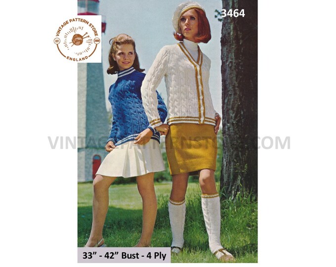 Ladies Womens 60s 4 ply or aran crew neck cable cabled sweater V neck cardigan hat and socks pdf knitting pattern 33" to 42" Download 3464