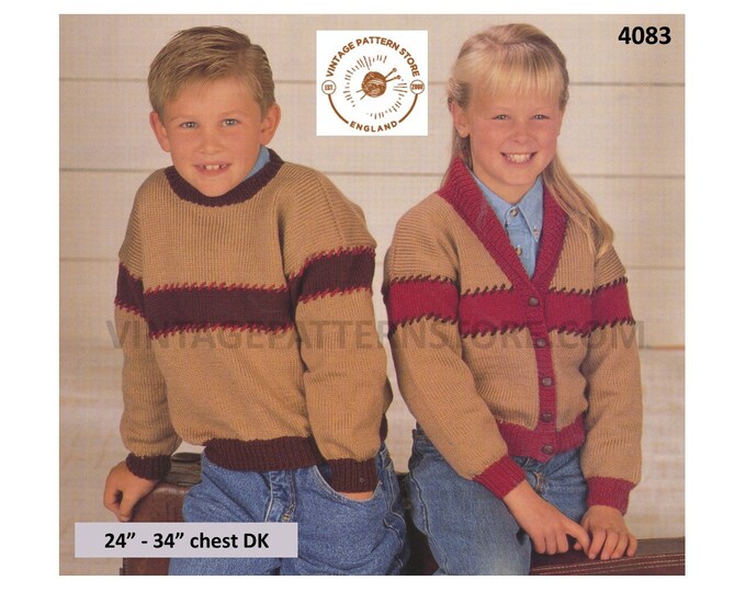 Boys Girls 90s easy to knit shawl collar drop shoulder striped DK jacket & round neck sweater pdf knitting pattern 24" to 34" download 4083