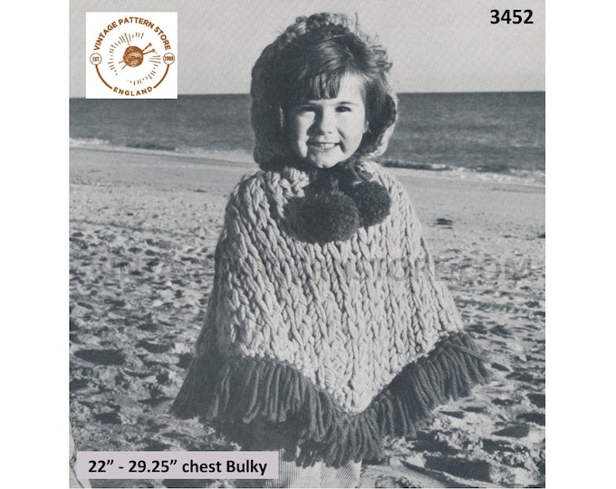 Boys Girls 70s vintage bulky easy to knit hooded fringed poncho pdf knitting pattern 22" to 29.25" chest Instant PDF Download 3452