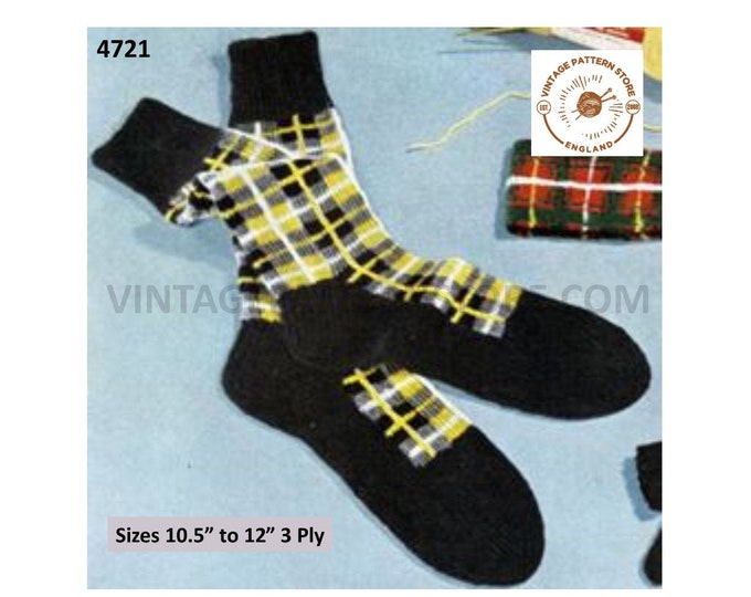 Mens Mans 50s vintage 3 ply traditional Scottish tartan socks pdf knitting pattern 10.5" to 12" long Instant PDF Download 4721