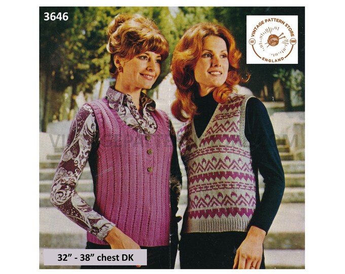 Womens 70s vintage DK V neck fair isle & scoop neck rib ribbed slipover sweater vest tank top pdf knitting pattern 32" to 38" Download 3646