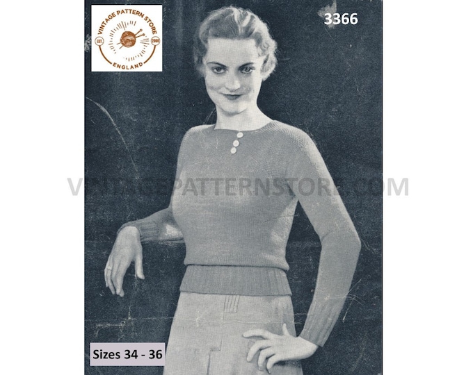 Ladies Womens 30s vintage round neck mock buttoned raglan sweater jumper pdf knitting pattern Sizes 34" to 36" Instant PDF download 3366