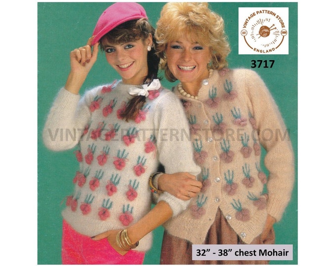Ladies Womens 80s vintage round neck raglan mohair cherry cardigan sweater jumper pdf knitting pattern 32" to 38" Instant PDF download 3717