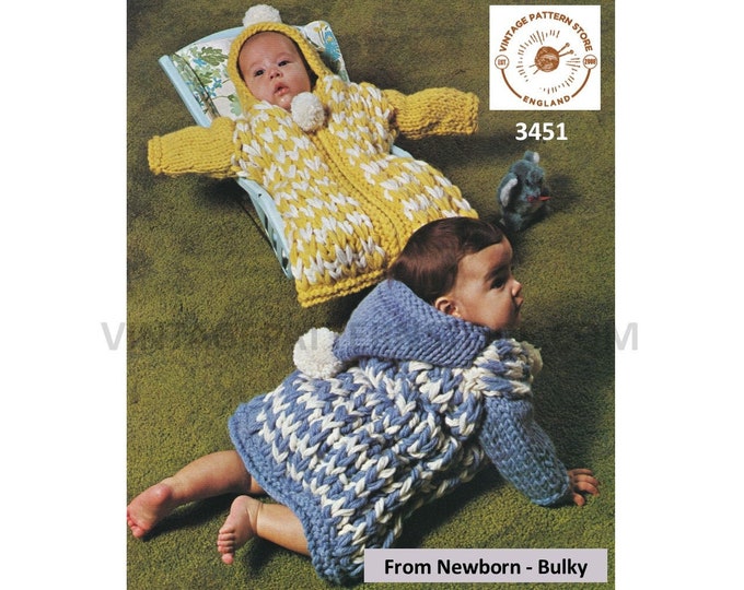 Newborn Baby Babies 70s vintage bulky knit snuggly baby grow sleep sack and hoodie robe pdf knitting pattern Instant PDF Download 3451