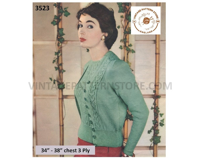 Ladies Womens 50s vintage 3 ply eyelet lace lacy raglan cardigan sweater jumper twin set pdf knitting pattern 34" to 38" PDF download 3523