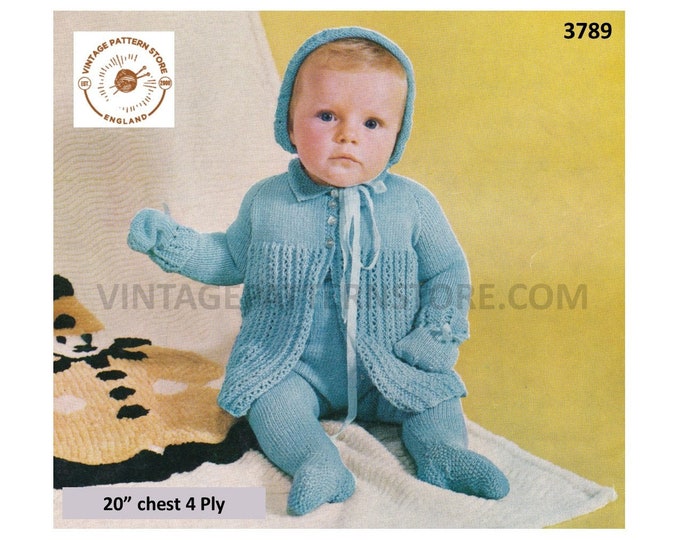 Baby Babies 70s vintage 4 ply pram set with lacy matinee coat jacket leggings bonnet & mittens pdf knitting pattern 20" Chest download 3789