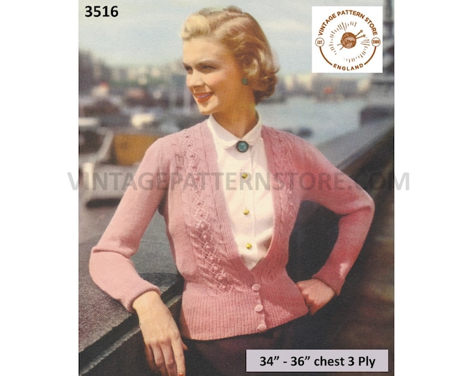 Ladies Womens 50s vintage 3 ply V neck cabled cable and lace panel lacy raglan cardigan pdf knitting pattern 34" to 36" chest Download 3516