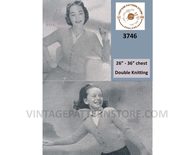 Ladies Womens Girls 50s vintage plain and simple easy to knit V neck raglan DK cardigan pdf knitting pattern 26" to 36" chest Download 3746